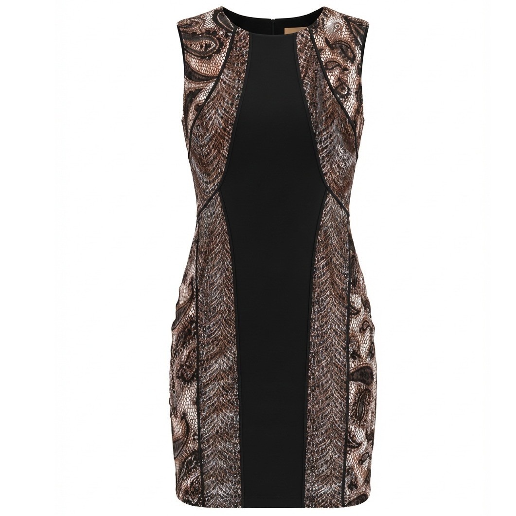 Joseph Ribkoff Black Gold Lace Paisley Dress Sleeveless Size 14 Event Party